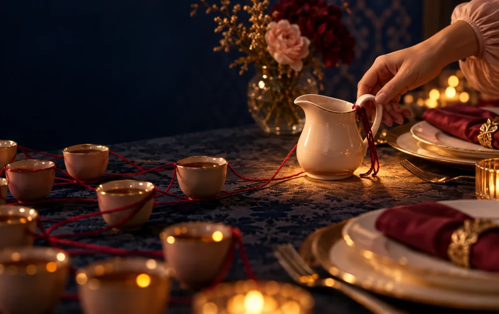 A hand rests on a cream pitcher beside many cups linked by crimson thread.