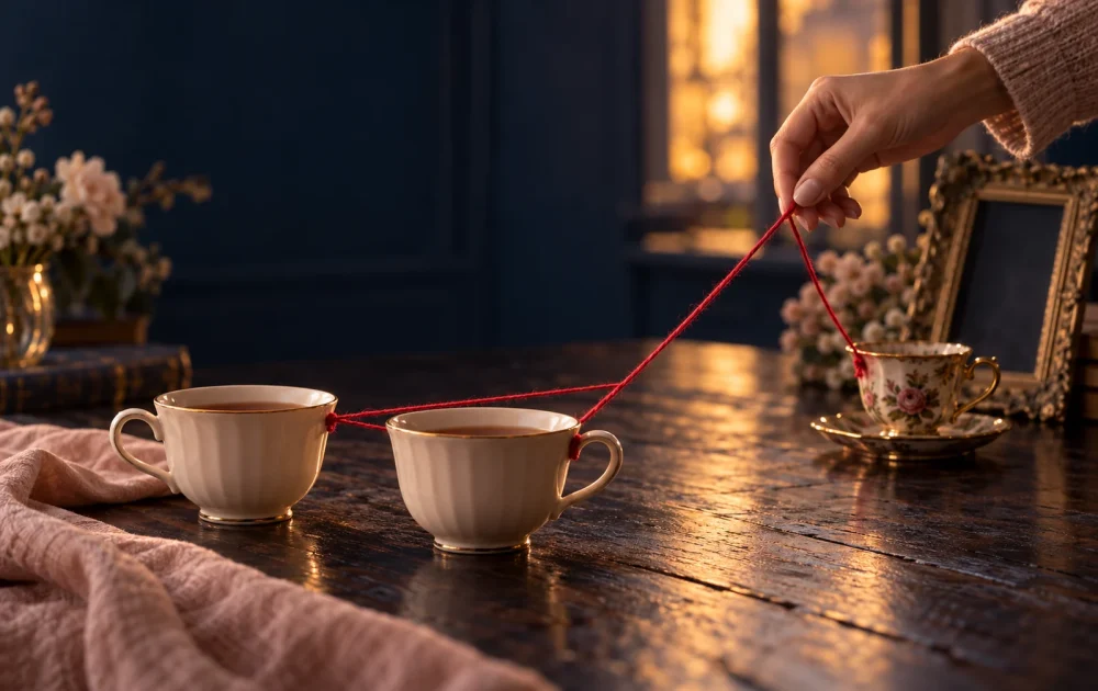 A hand lifts crimson thread connecting three teacups beside an empty picture frame.