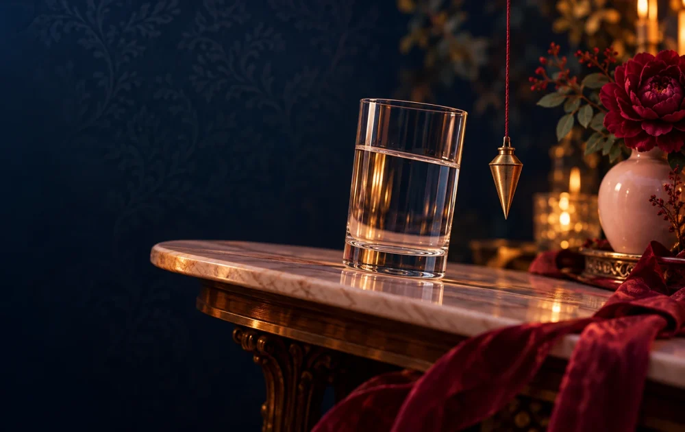 A tilted water glass stands beside a straight brass plumb bob on crimson thread.