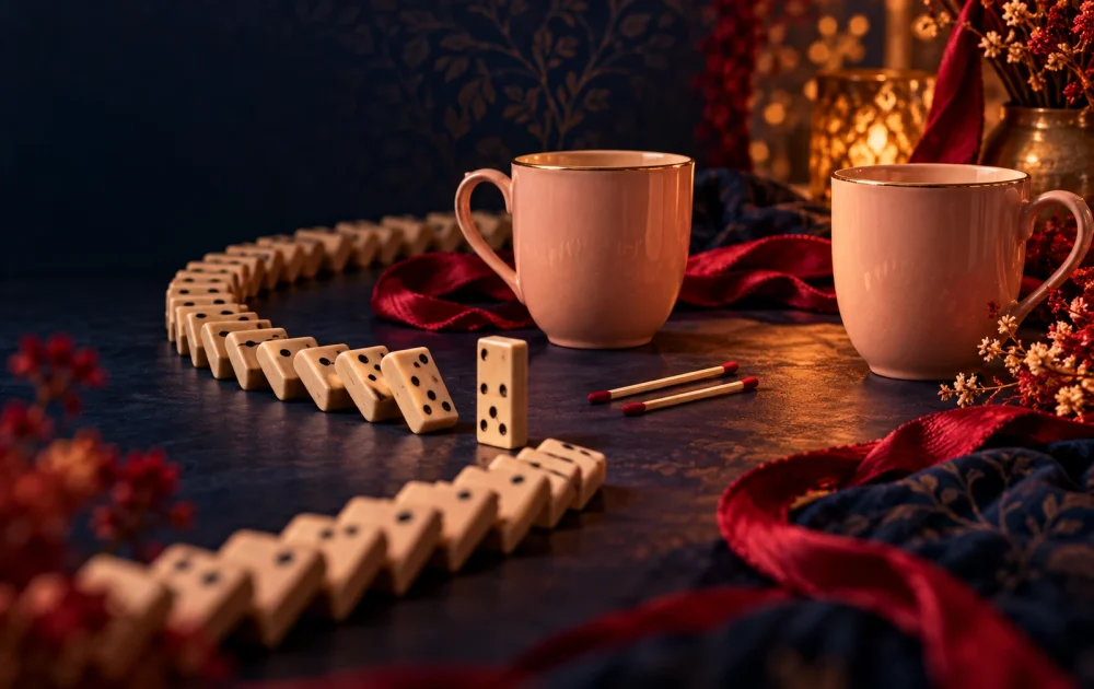 A gap interrupts a line of fallen dominoes beside two cups and unlit matches.
