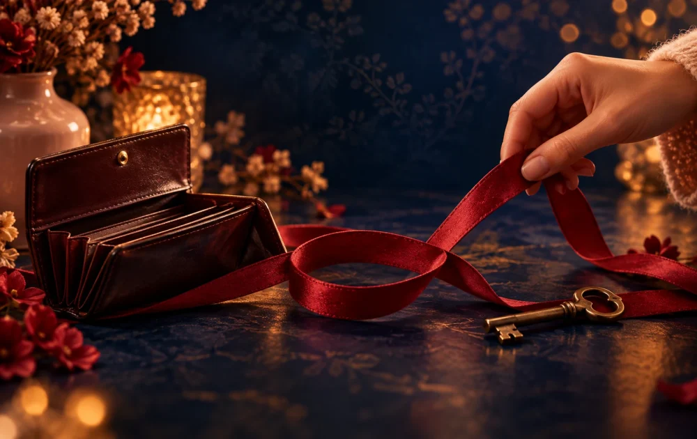 A hand loosens crimson ribbon beside an open leather wallet and brass key.