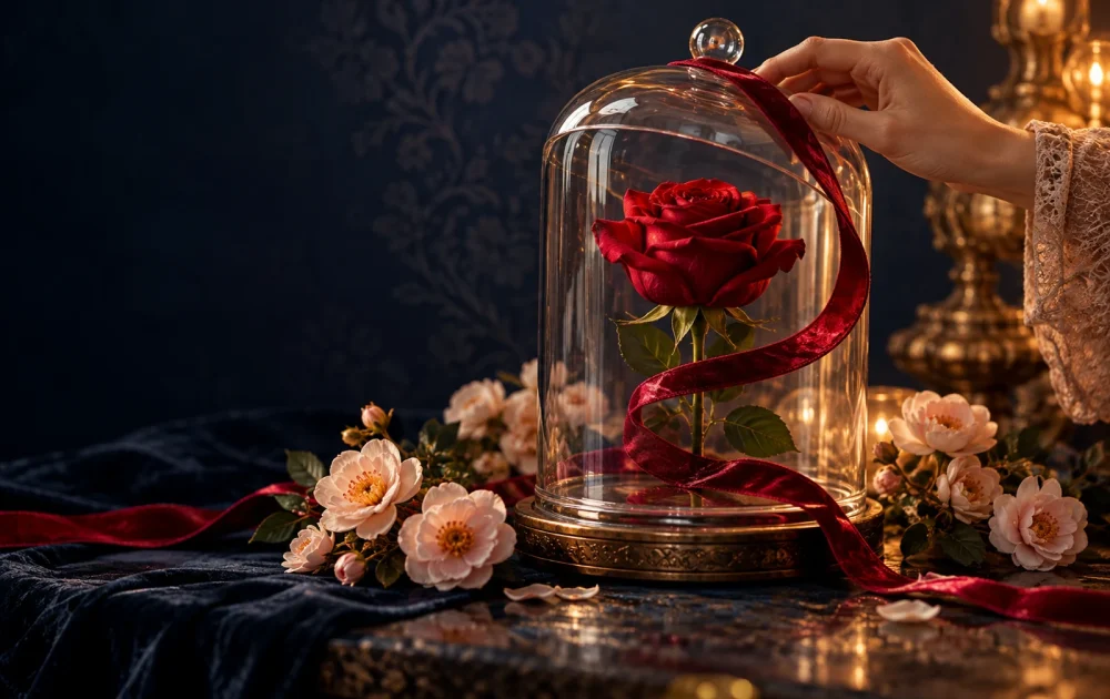 A hand holds a ribbon above a glass bell containing a rose, with other flowers outside.