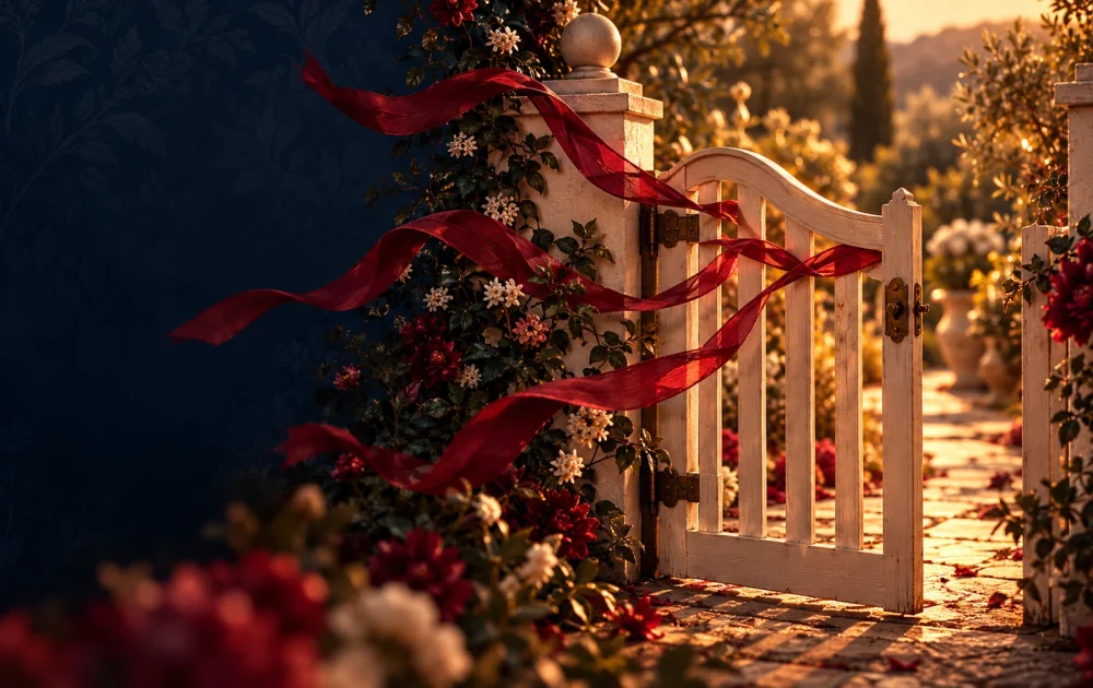 Crimson ribbons blow against a cream garden gate beside a warmly lit path.