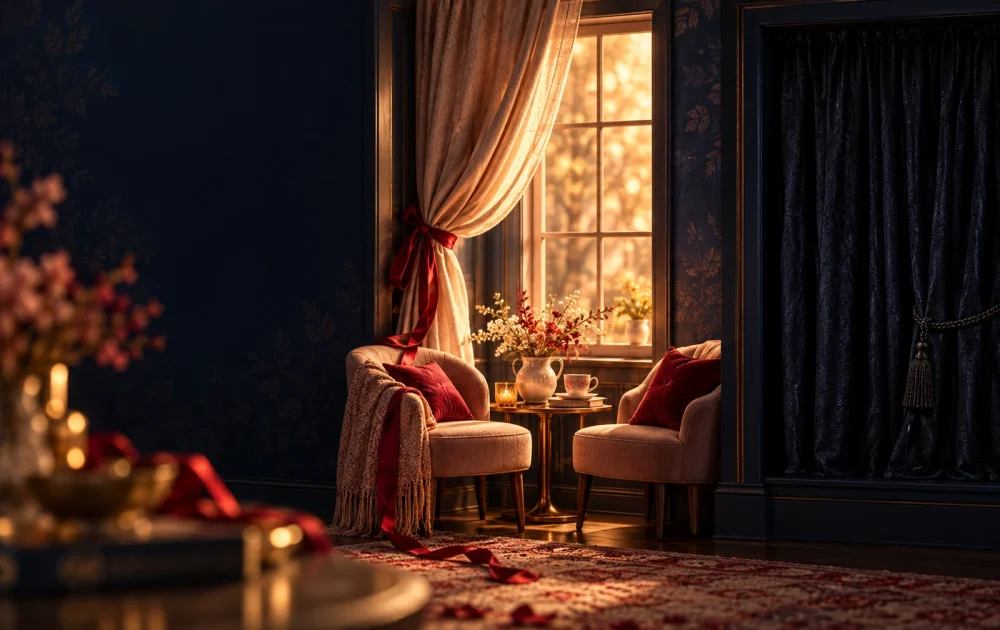 Two chairs sit by an open curtain beside a second window with its dark curtain closed.