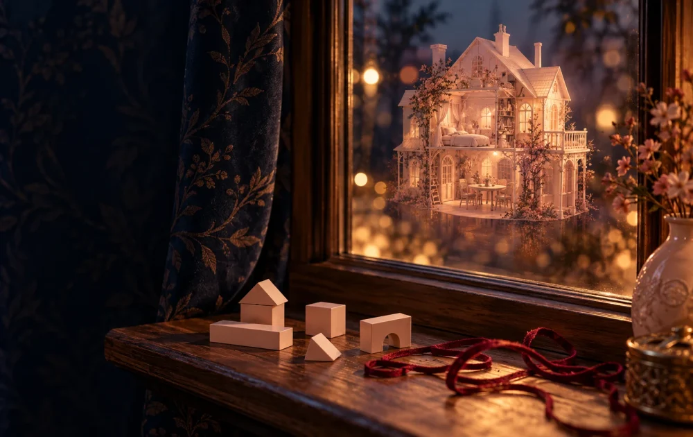 An elaborate paper house appears in a window above loose blocks and crimson ribbon.