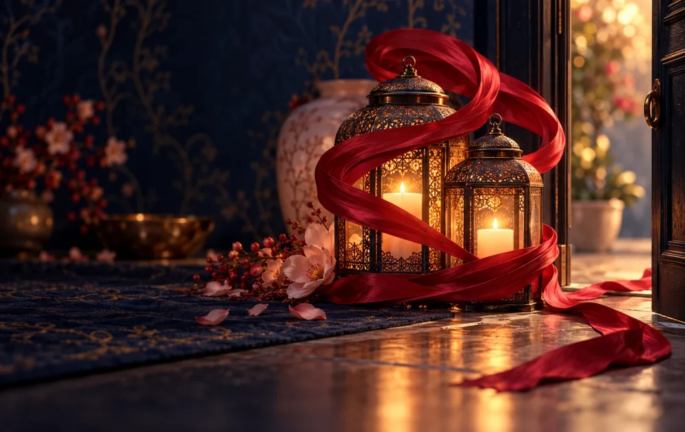 Crimson silk swirls around two glowing lanterns beside an open doorway.