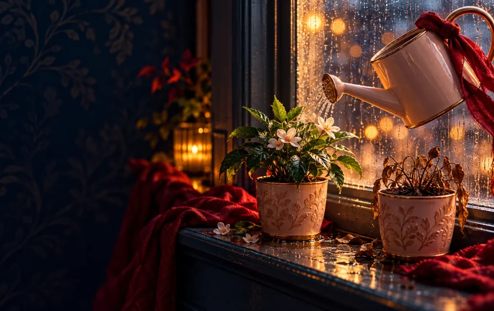 A watering can feeds a flowering plant while a dry plant stands beside it.