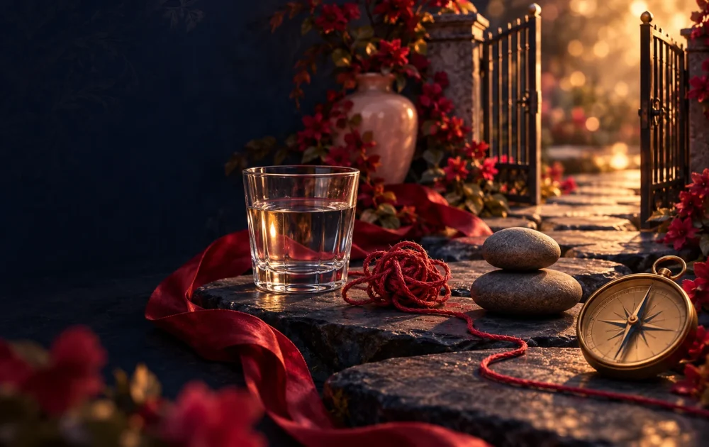 A glass, crimson knot, stacked stones, and brass compass sit near an open gate.