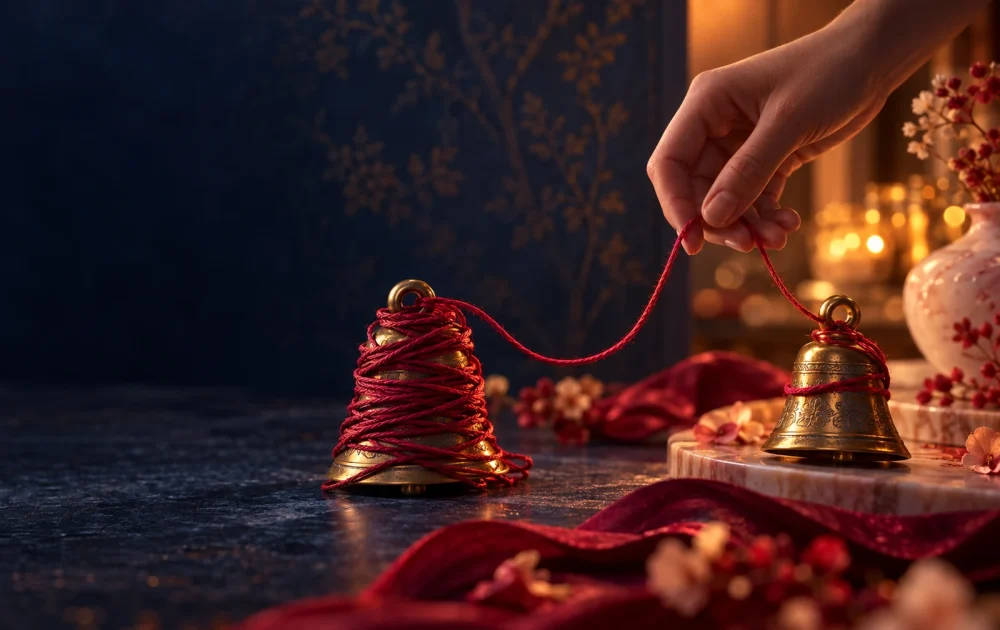 A hand lifts loose thread between two brass bells wrapped with different numbers of loops.