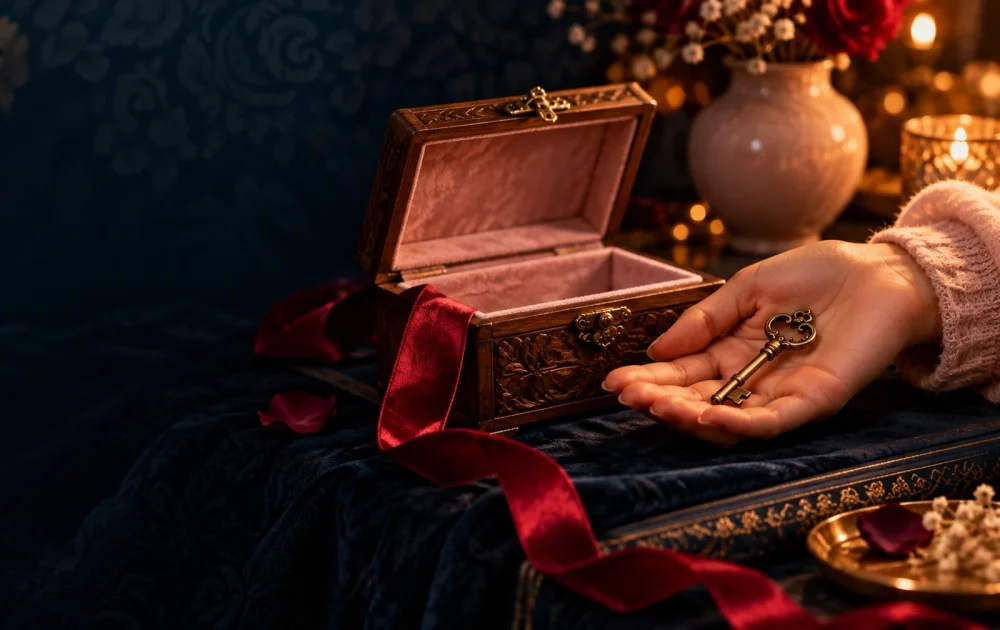 A brass key rests in an open palm beside a blush-lined keepsake box.