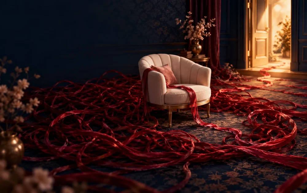 A cream chair stands amid tangled crimson ribbons with a path toward an open door.
