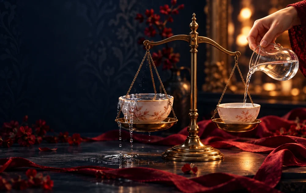 A hand pours water into a cup on a brass scale while the opposite cup overflows.