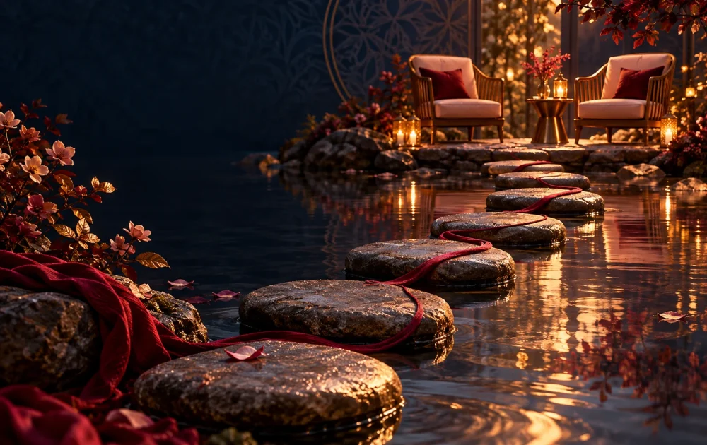 Stepping stones and crimson cord cross a reflective pool toward two chairs.