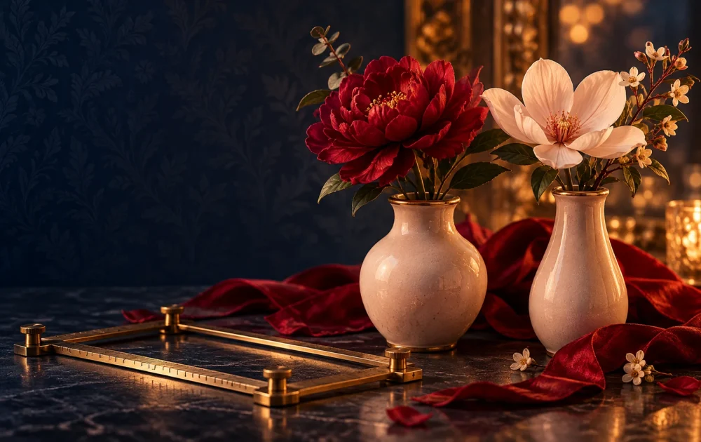 Two different flowers stand in cream vases beside a brass measuring frame set flat.