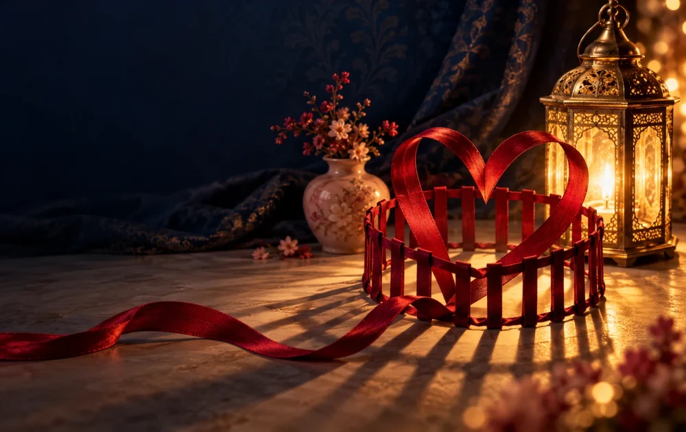 A crimson ribbon heart rises within a small circular fence beside a glowing lantern.