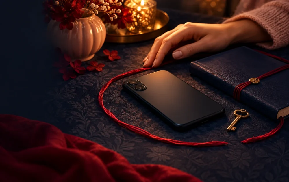 A face-down phone and closed navy journal sit beside a key and open crimson-thread circle.