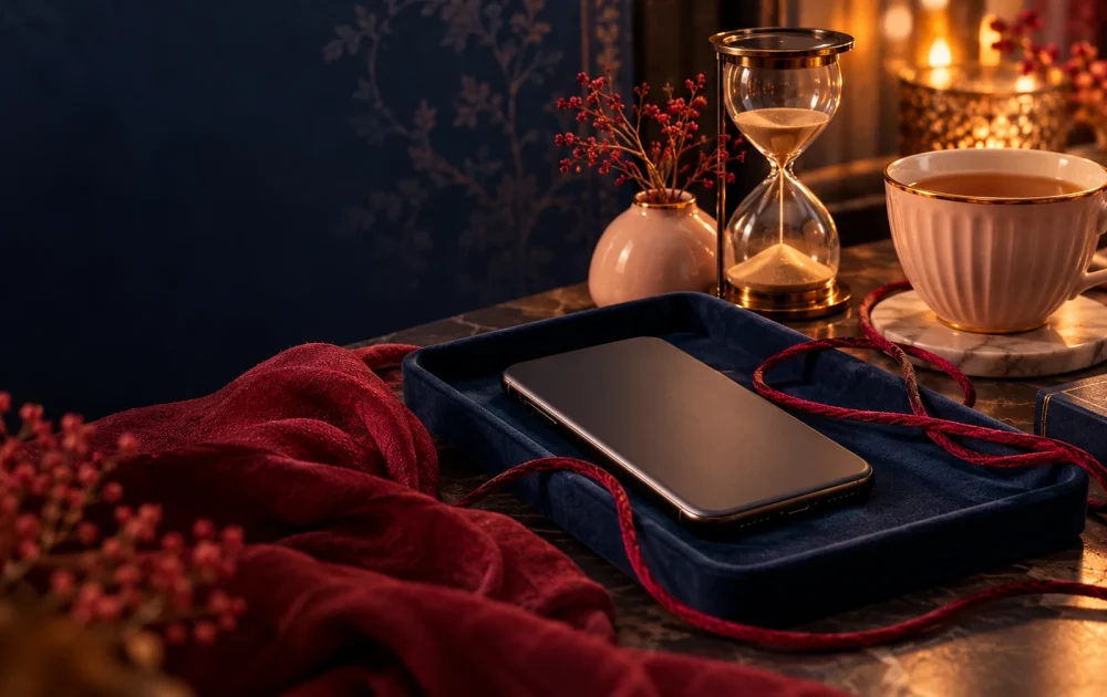 A phone rests in a navy tray beside a cup, hourglass, and loose crimson cord.