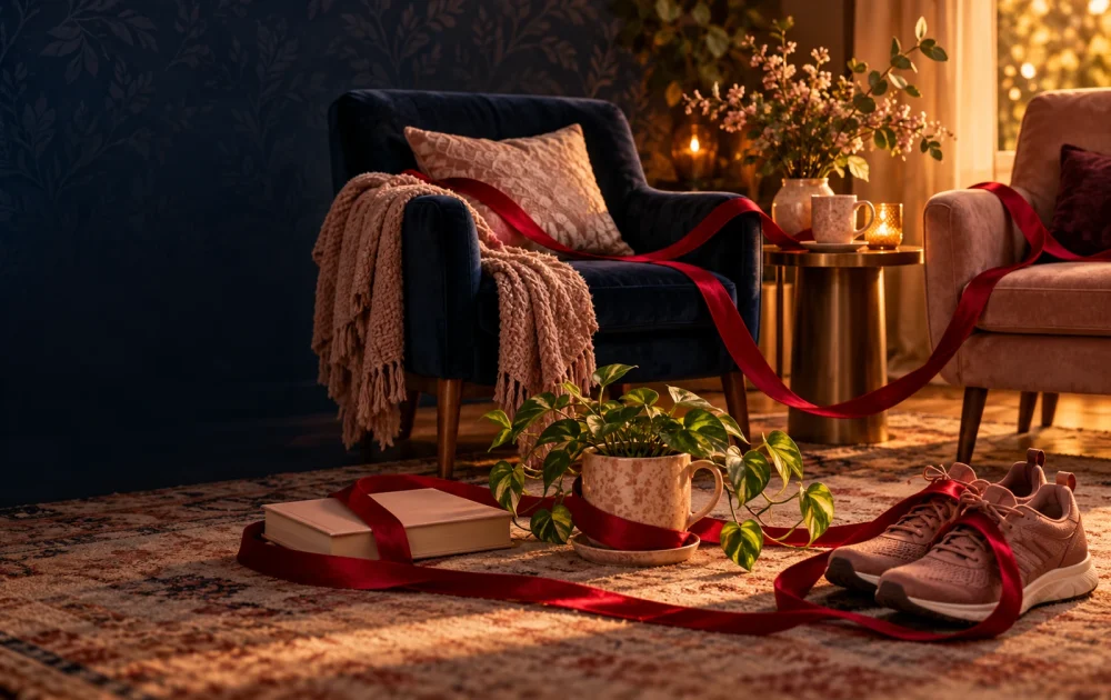 Crimson ribbon links two chairs while leaving loops around books, a plant, and walking shoes.