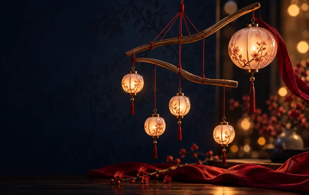 Small glowing lanterns hang from branches on a mobile suspended with crimson threads.