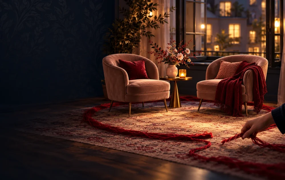 A hand opens a crimson-thread circle around two chairs near a window with lights beyond.