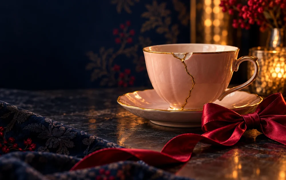 A blush porcelain cup with a gold repair seam stands beside a crimson bow.