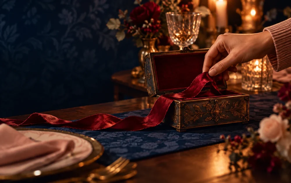 A hand returns a crimson ribbon to a keepsake box on a dinner table.