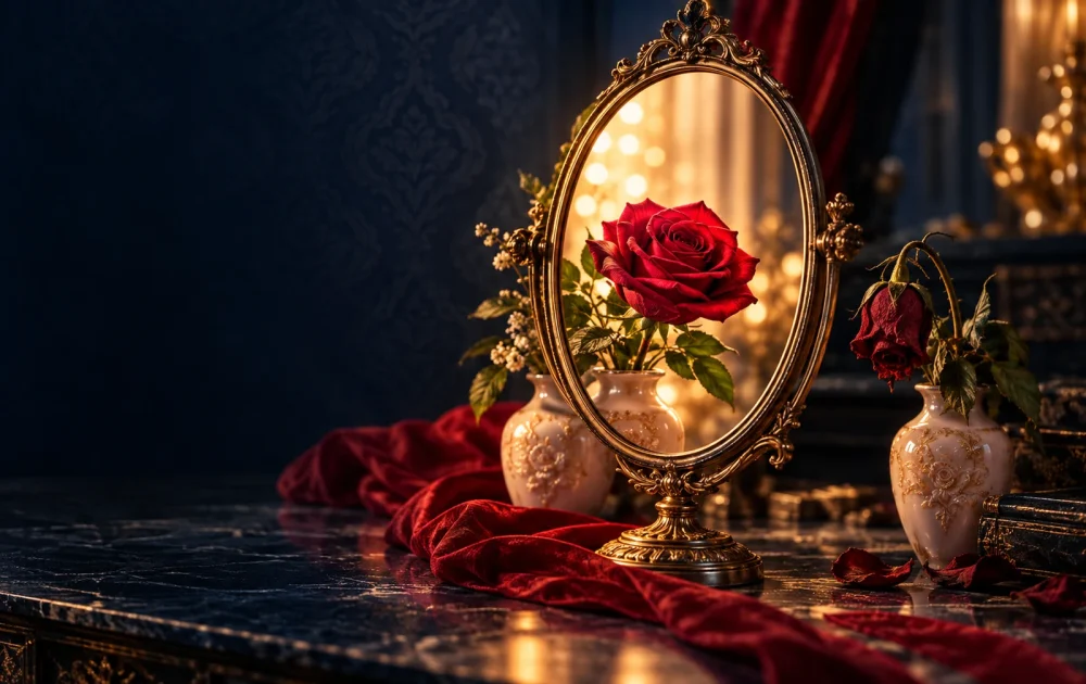 An ornate mirror shows a flourishing rose beside a wilted rose outside its reflection.