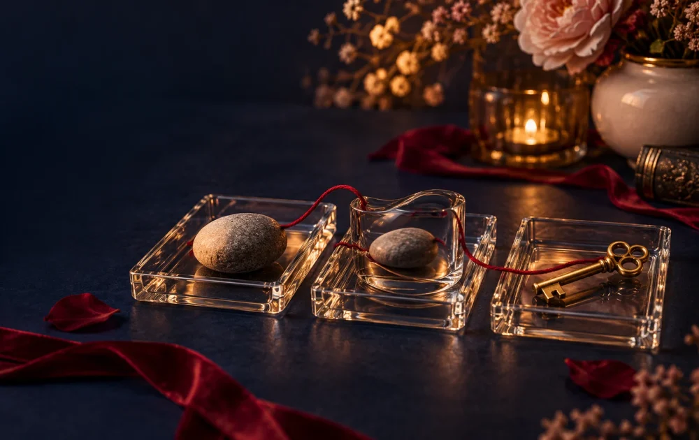 Three glass trays hold a stone, a stone seen through curved glass, and a brass key.