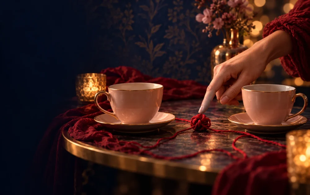 A hand points to a crimson-thread knot between two cups on a small table.