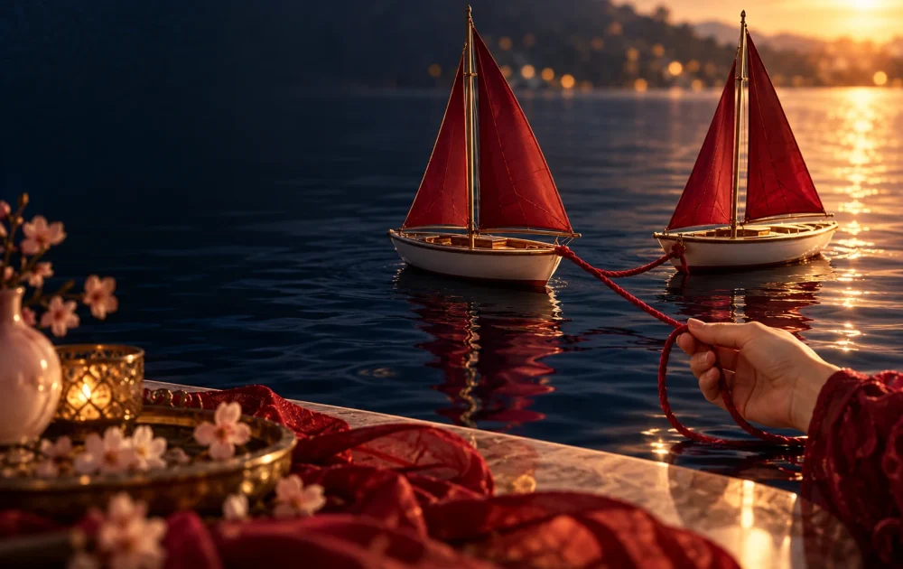 A hand holds a loose crimson line between two small sailboats on calm water.