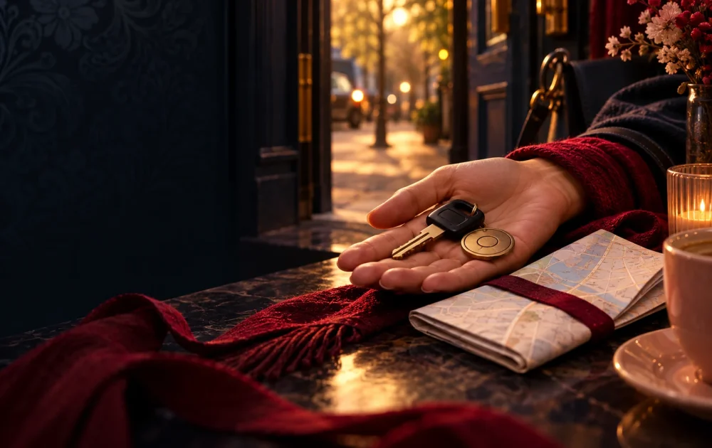 An open hand holds a car key and transit token beside a folded map and open doorway.