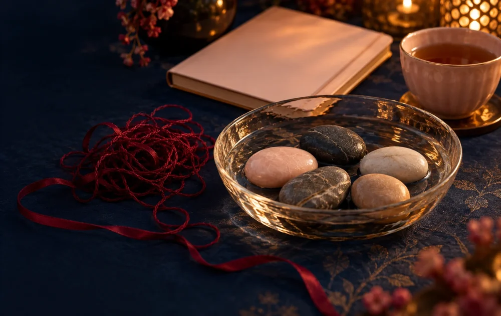 Five smooth stones sit in a clear bowl beside a notebook, tea, and tangled crimson thread.