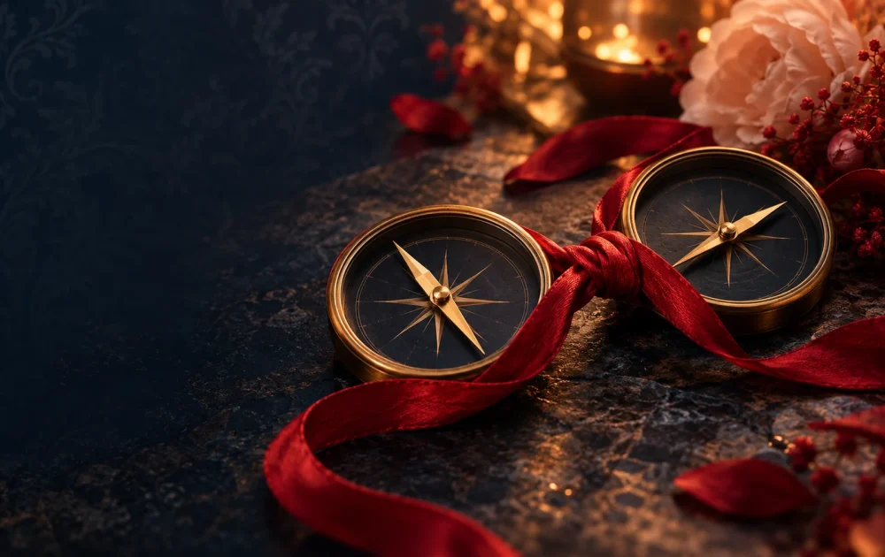 Two brass compasses point in different directions while linked by crimson ribbon.