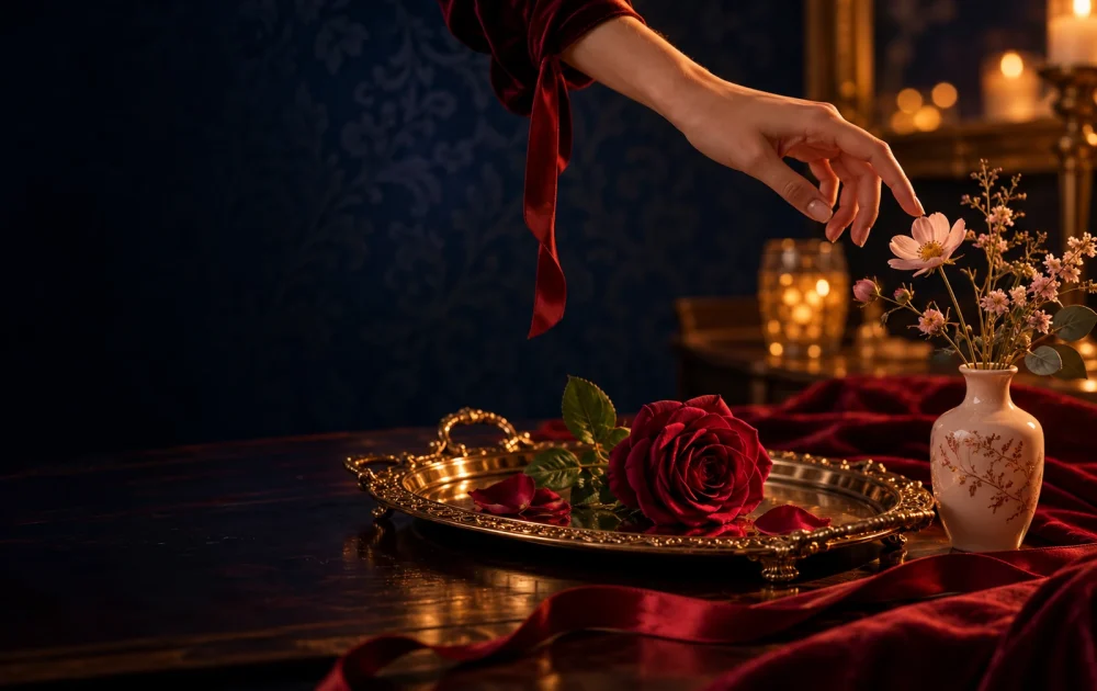 A hand reaches toward a blush flower beside a crimson rose on an ornate brass tray.