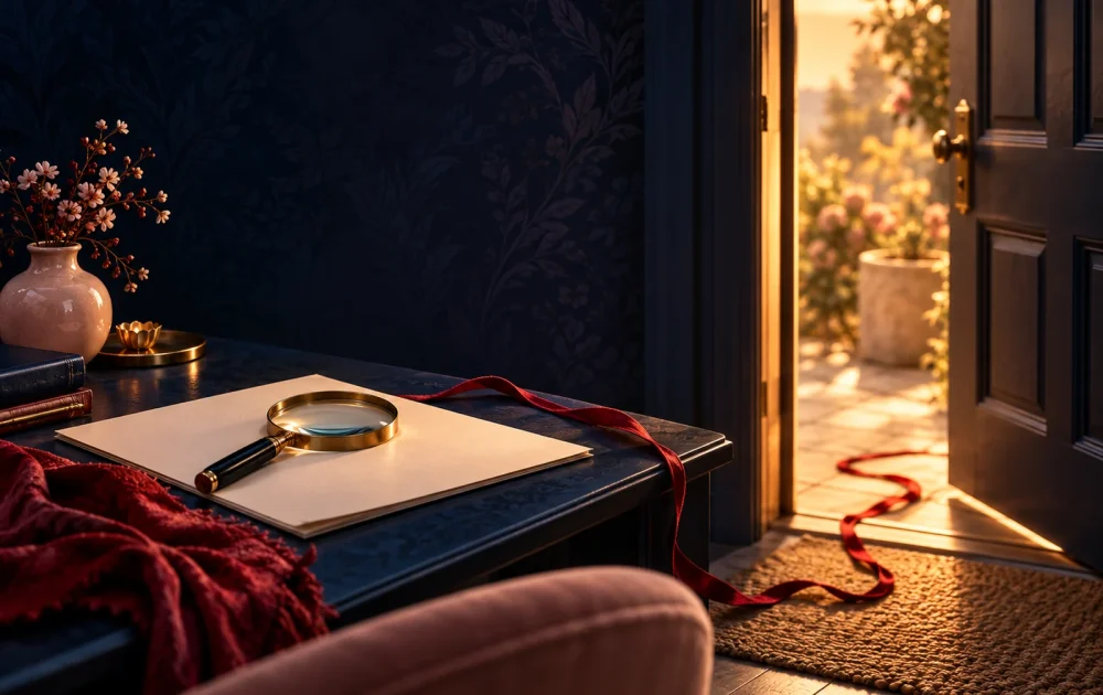 A magnifying glass lies on blank paper beside an open doorway and loose crimson ribbon.