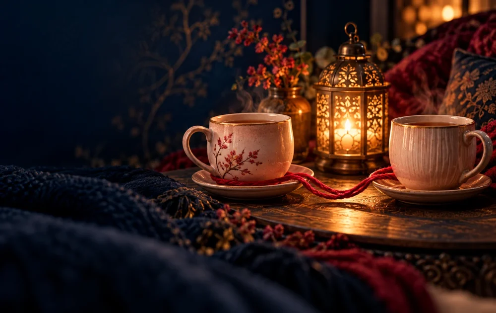 Two ceramic cups are linked by loose crimson thread beside a glowing lantern.