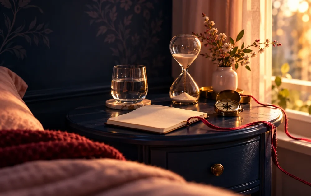 Water, an hourglass, a notebook, and a compass rest near a window in warm morning light.
