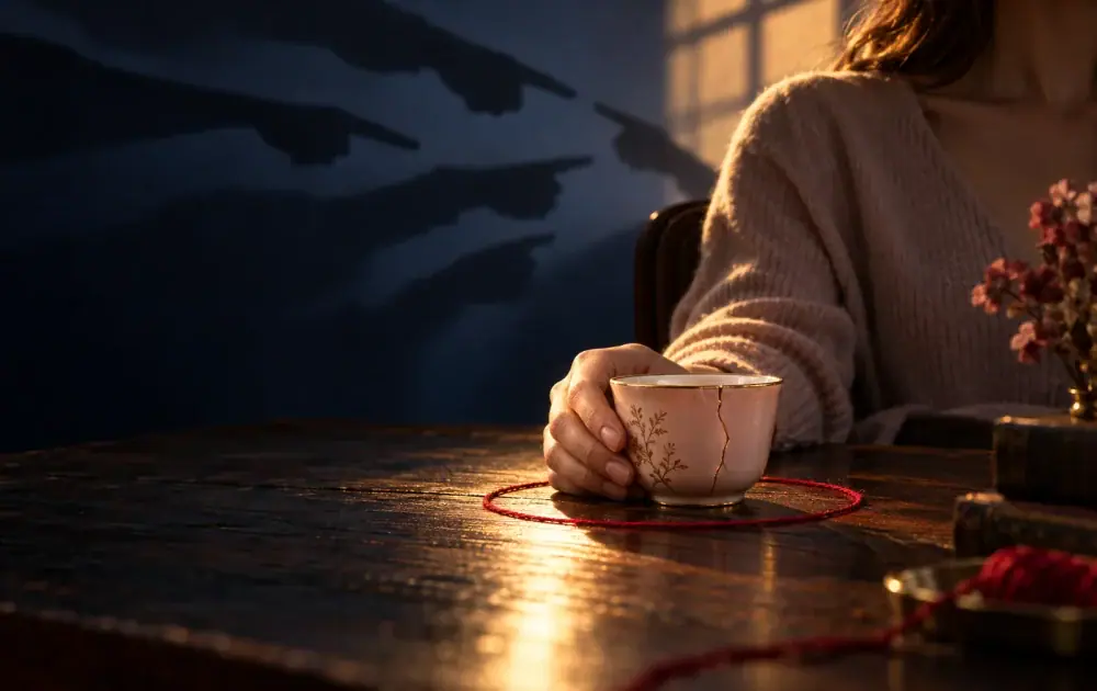 A woman holds a cracked cup as pointing shadows turn toward her, illustrating blame shifting in relationships.