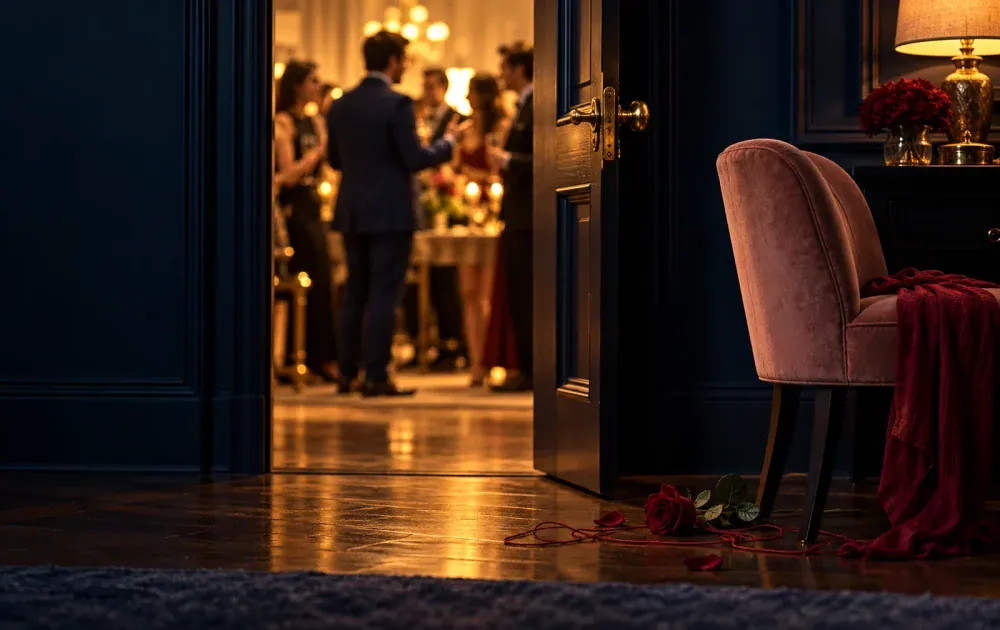 A man charms guests beyond a doorway while a private chair sits overlooked, symbolizing a charming boyfriend’s disrespect.