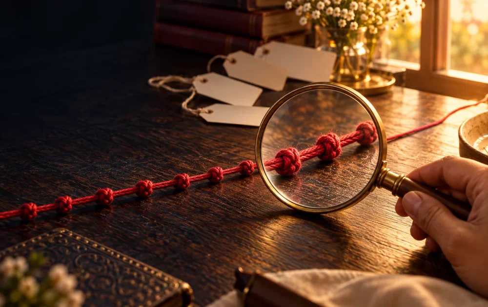 A magnifying glass reveals repeating crimson knots beside blank labels, illustrating a behavior-based look at covert narcissism red flags.