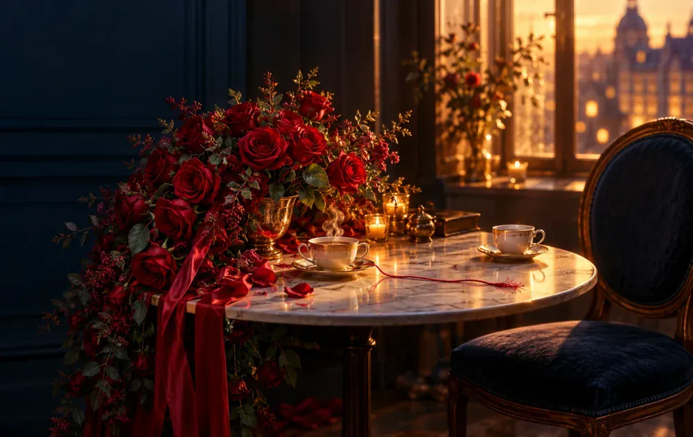 Crimson roses face an empty chair and untouched cup, symbolizing emotional unavailability in dating.