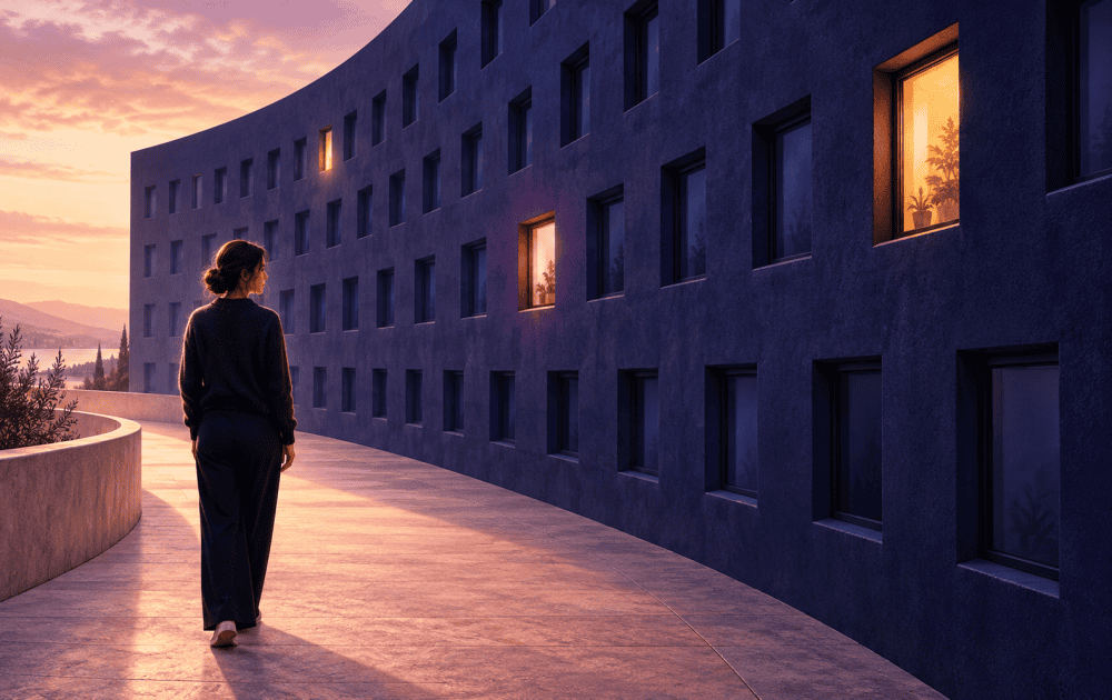 A lone figure faces a dark building with scattered warmly lit windows, symbolizing unpredictable moments of connection.