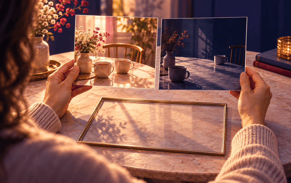 Hands hold a picture of a warmly lit room against a darker scene, illustrating conflicting memories of a relationship.