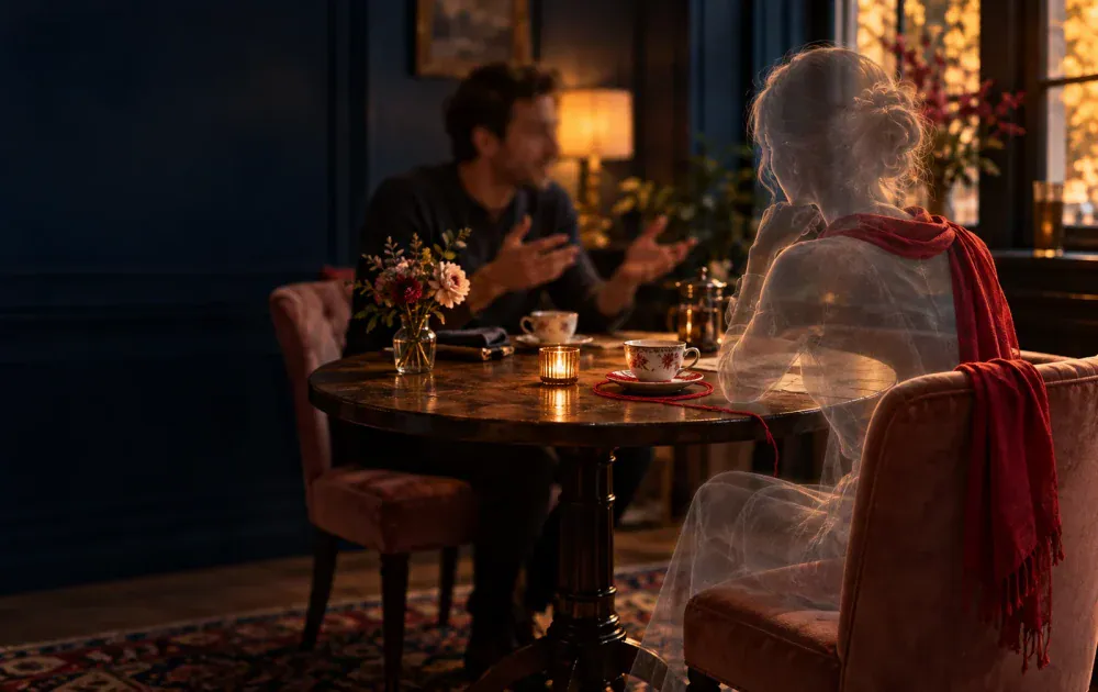 A translucent woman sits unheard across a table from her partner, symbolizing feeling invisible in a new relationship.