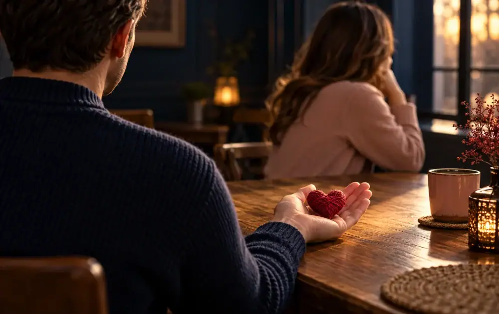 A man holds a crimson-thread heart while his girlfriend turns away, illustrating the experience of having feelings dismissed.