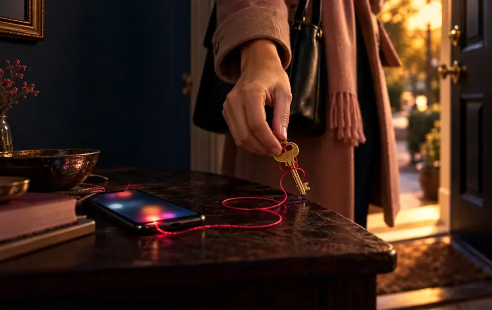 A phone’s red thread winds around a house key, illustrating manufactured crises in a new relationship pulling against independence.
