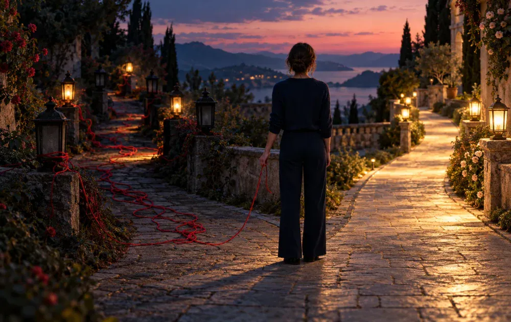 A woman pauses between unevenly lit and steadily lit paths, symbolizing mixed signals in dating and a choice for consistency.