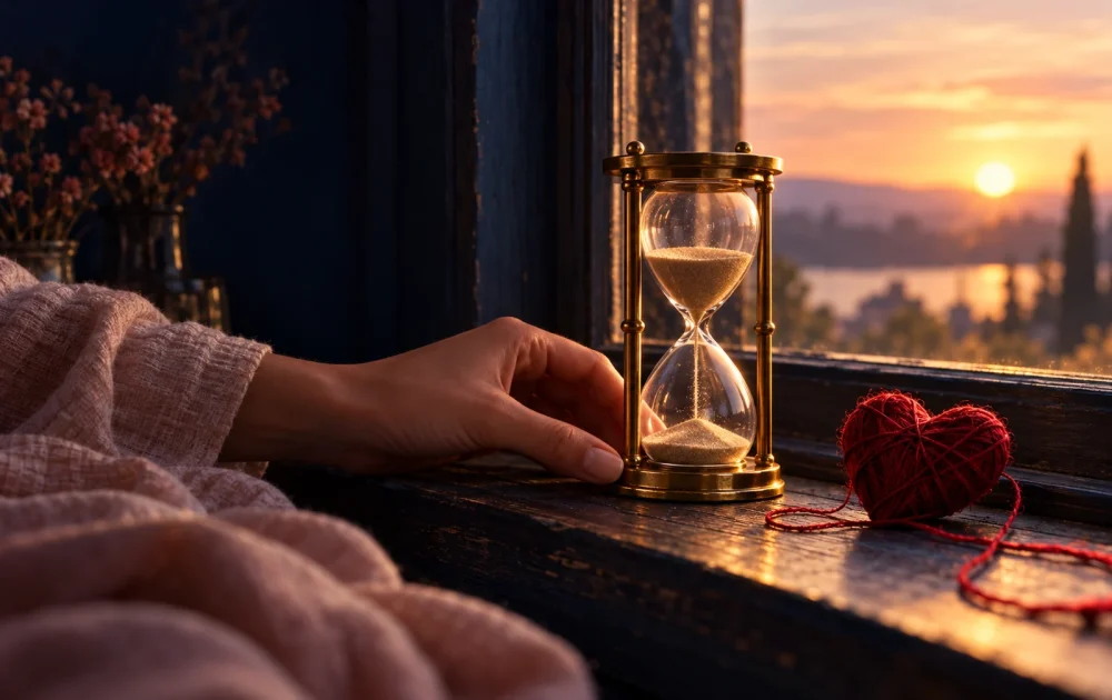 A hand steadies a brass hourglass beside a crimson thread heart at sunset.