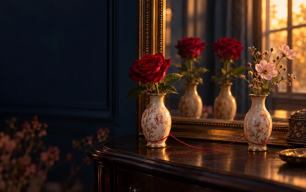 Two different flowers stand beside a mirror, with crimson thread linking their vases.