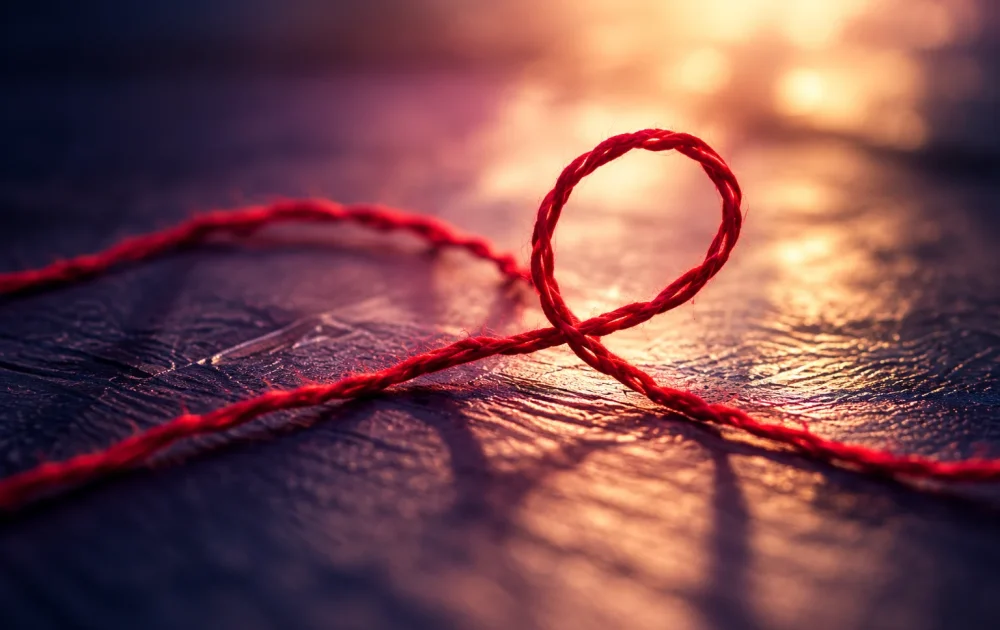 A tangled red thread shaped like a heart, representing the psychology of trauma bonds in a narcissistic relationship